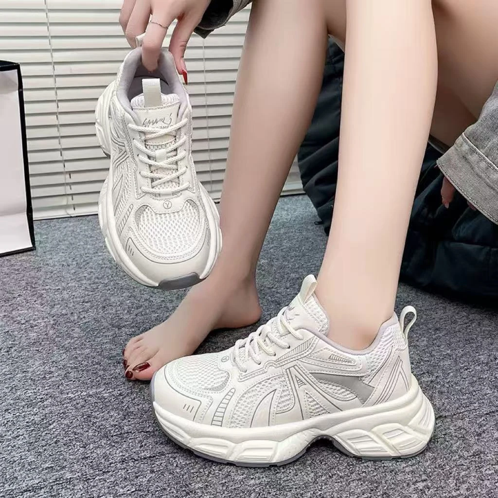 C4268  米白色  时尚厚底圆头系带女休闲运动老爹鞋