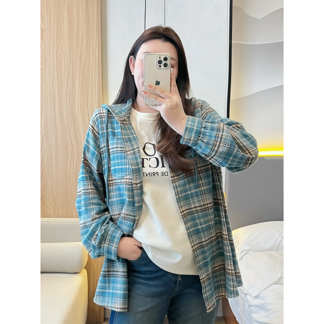 杜赛画廊 / 格纹复古法式连帽衬衫18126花契200斤胖mm春季休闲