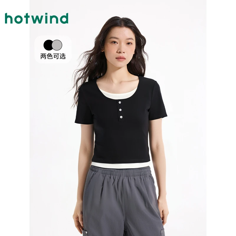 热风2025年夏季新款女士纽扣装饰假两件短T恤F01W25608