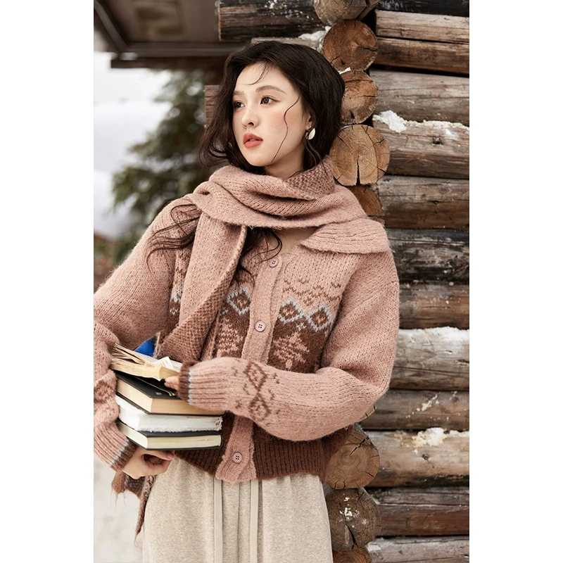 【年末大促】慵懒毛衣秋冬提花撞色费尔岛针织开衫围巾时尚百搭气质