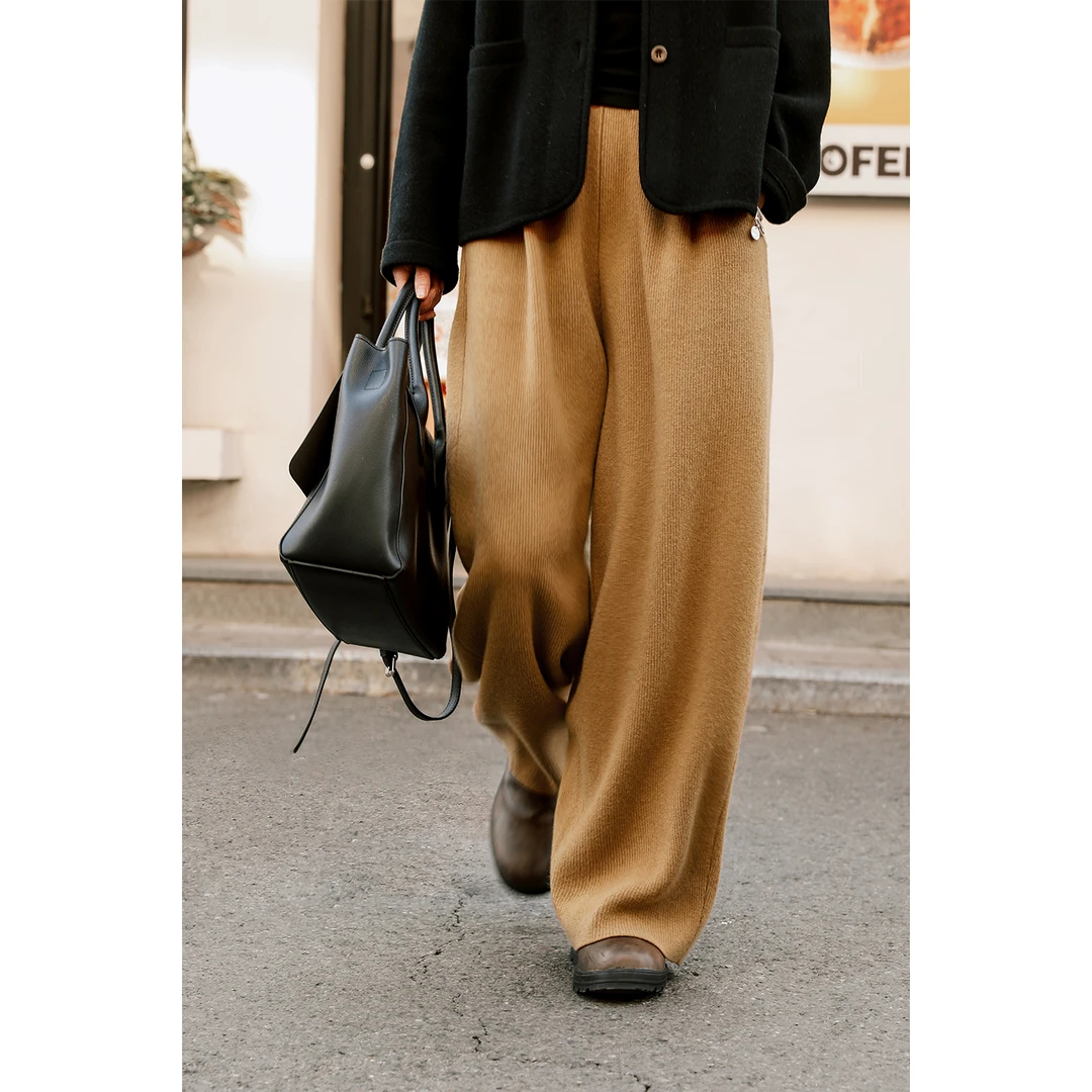 润帛【山林】羊绒裤重磅高腰休闲百搭秋冬保暖垂感不吸腿香蕉坑条裤