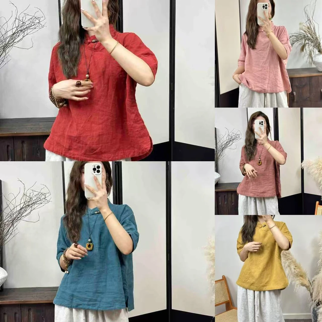 爱麻吖 夏季新款亚麻新中式盘扣套头气质小衫