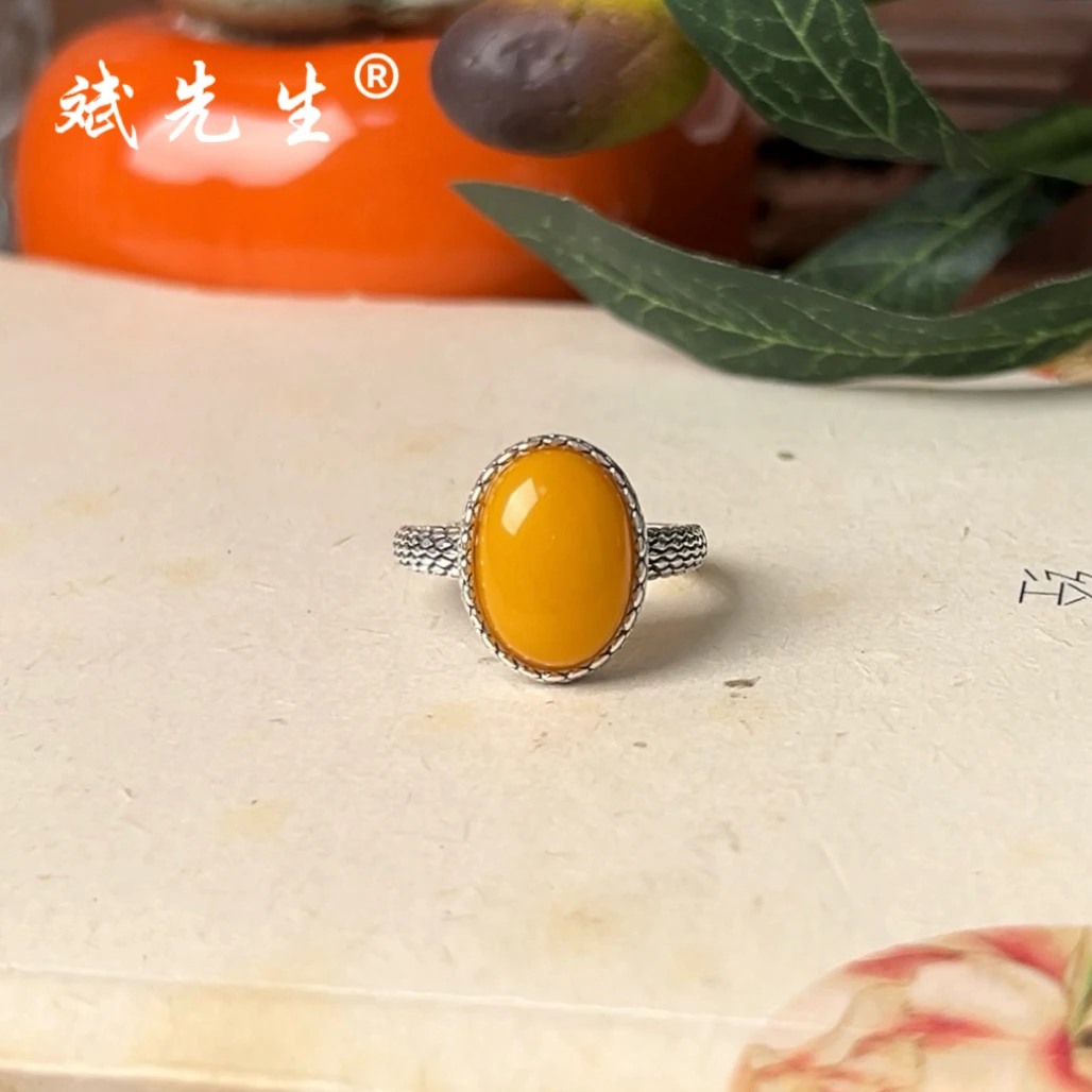 【斌先生】天然蜜蜡 925银菱形蛇皮纹戒指 开口可调节