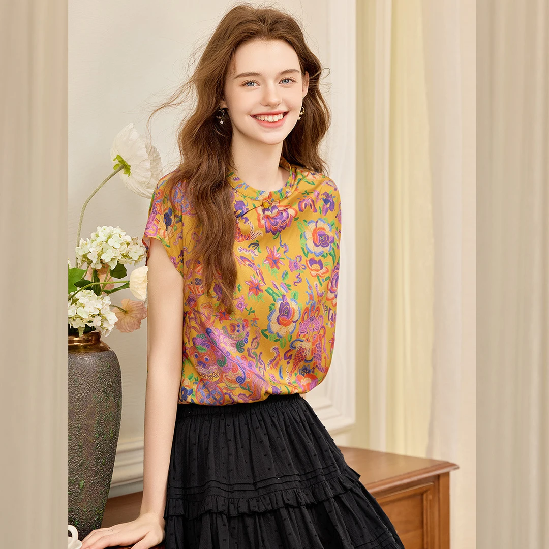 【商场同款新品】白鹿语夏国风印花立领时尚气质连肩袖衬衫YU20640