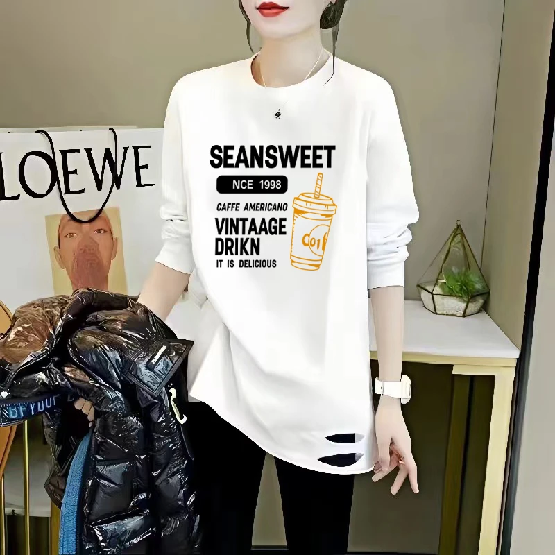 白色加绒加厚打底衫女卫衣内搭2024新款爆款纯棉中长款长袖t恤女