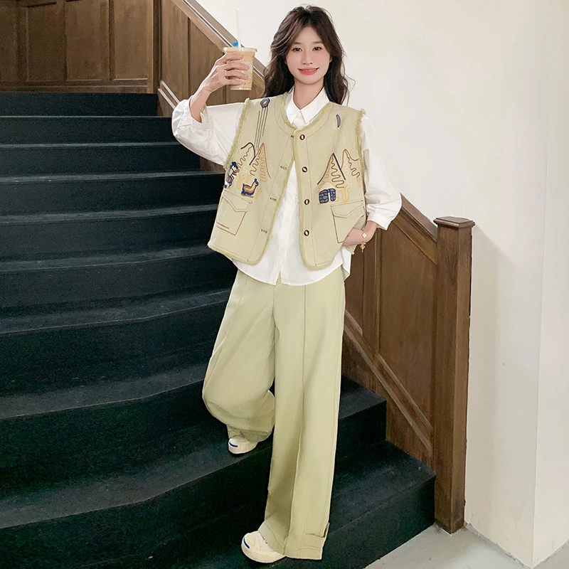 酷飒风女装高级感气质牛仔马甲阔腿裤两件套装早秋衬衫裤子三件套