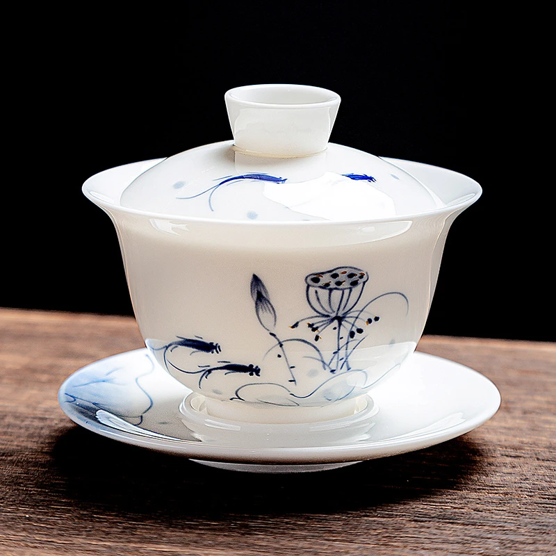 羊脂玉瓷手绘三才盖碗釉下彩鱼戏莲花功夫茶具泡茶碗茶杯家用白瓷