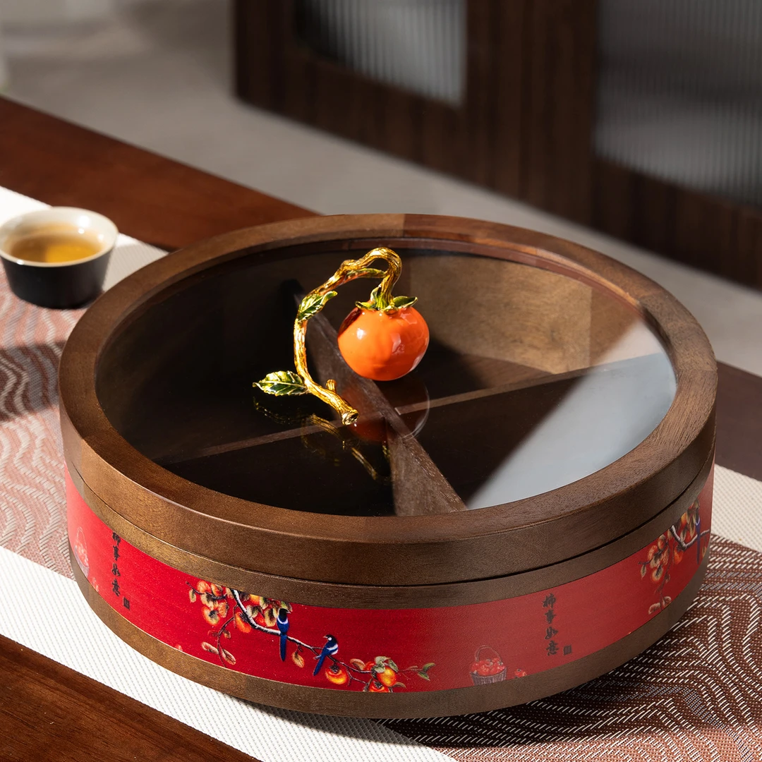 高档珐琅彩柿柿如意干果盒过年家用客厅木分格零食盒结婚坚果盒
