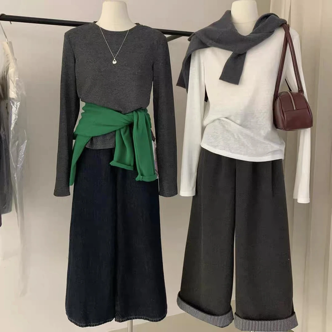 【Y.JIA 伊嘉】韩系慵懒风随性纯色简约百搭基础款圆领长袖T恤女