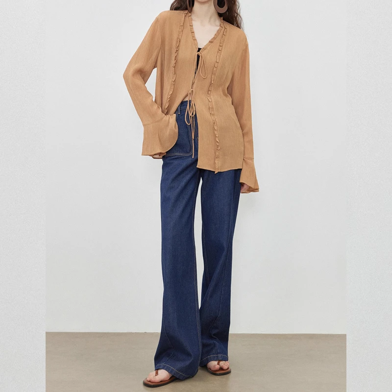 春季出行衣服长袖V领荷叶边宽松轻透防晒衬衫防晒薄款休闲衬衣