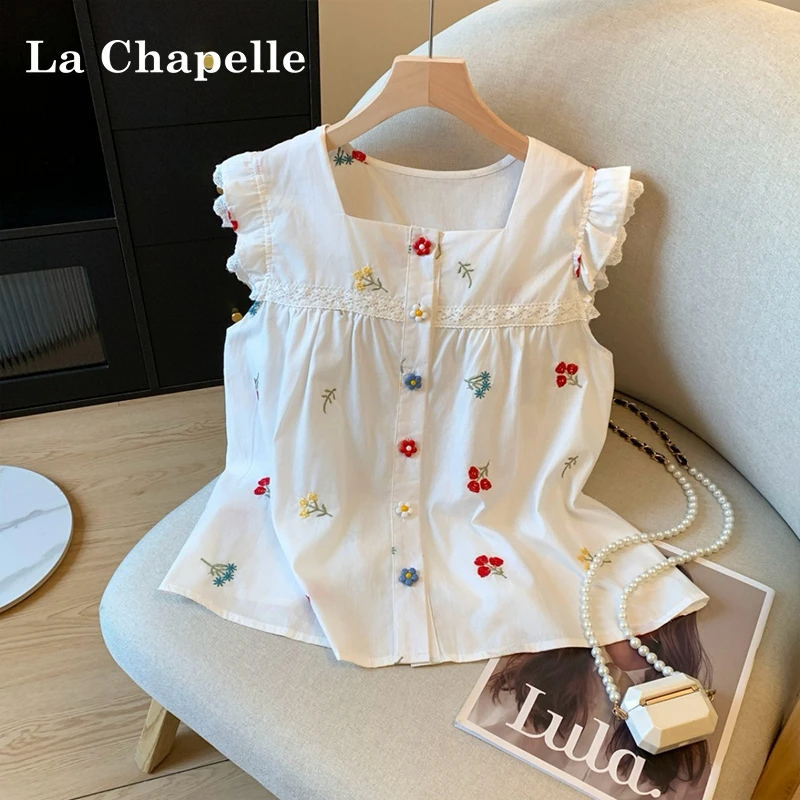 拉夏贝尔2025夏新款韩系甜美刺绣碎花蕾丝拼接短袖衬衫女减龄上衣