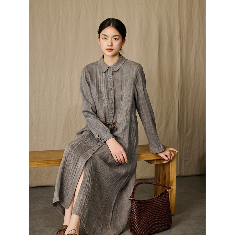 Q.TU连衣裙春秋新款亚麻莱赛尔褶皱肌理4225抽绳收腰两穿长袖风衣
