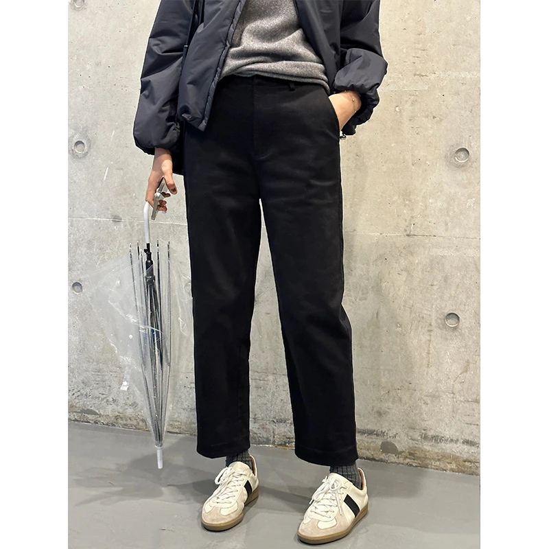 LANGQING 小个子显瘦直筒休闲裤女装黑色加绒阔腿裤42759/42872#