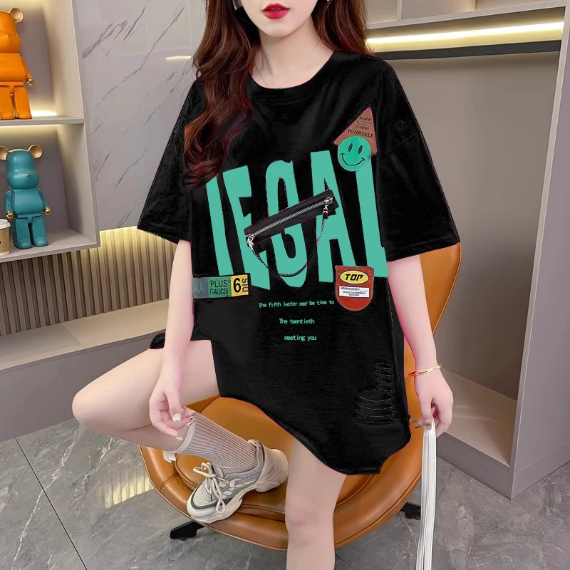 设计感印花短袖t恤女2025年夏季新款宽松大码不规则设计感上衣潮