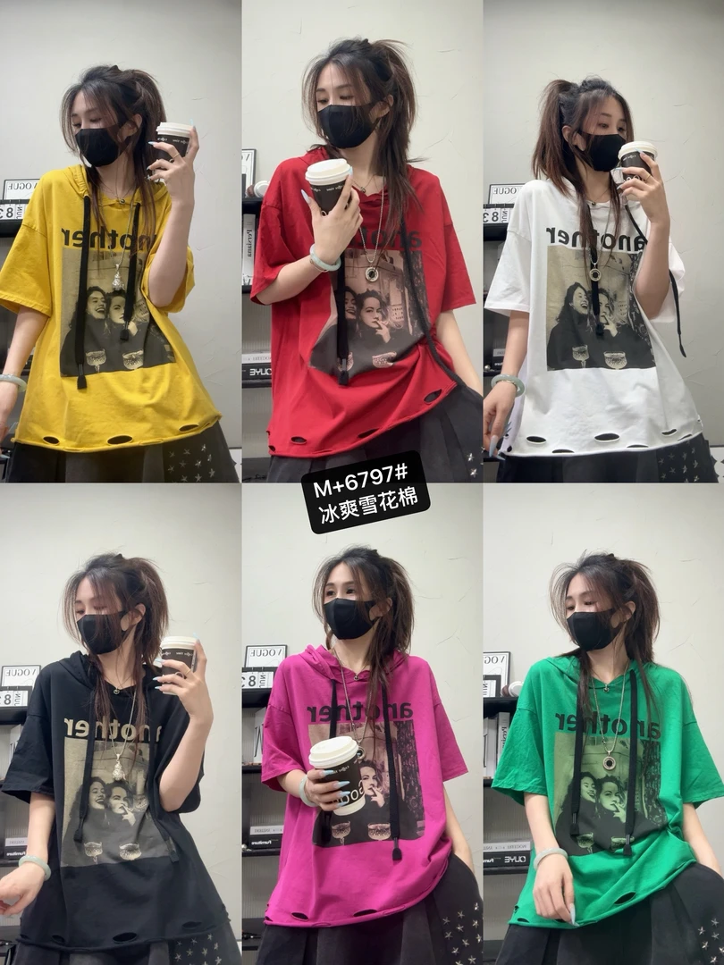 6797时尚休闲雪花棉带帽短袖