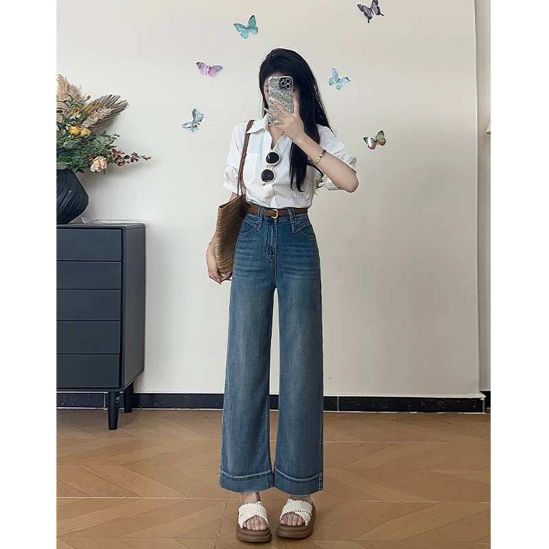 乔栈美式复古蓝设计感小个子阔腿牛仔裤女夏季薄款高腰垂感直筒裤