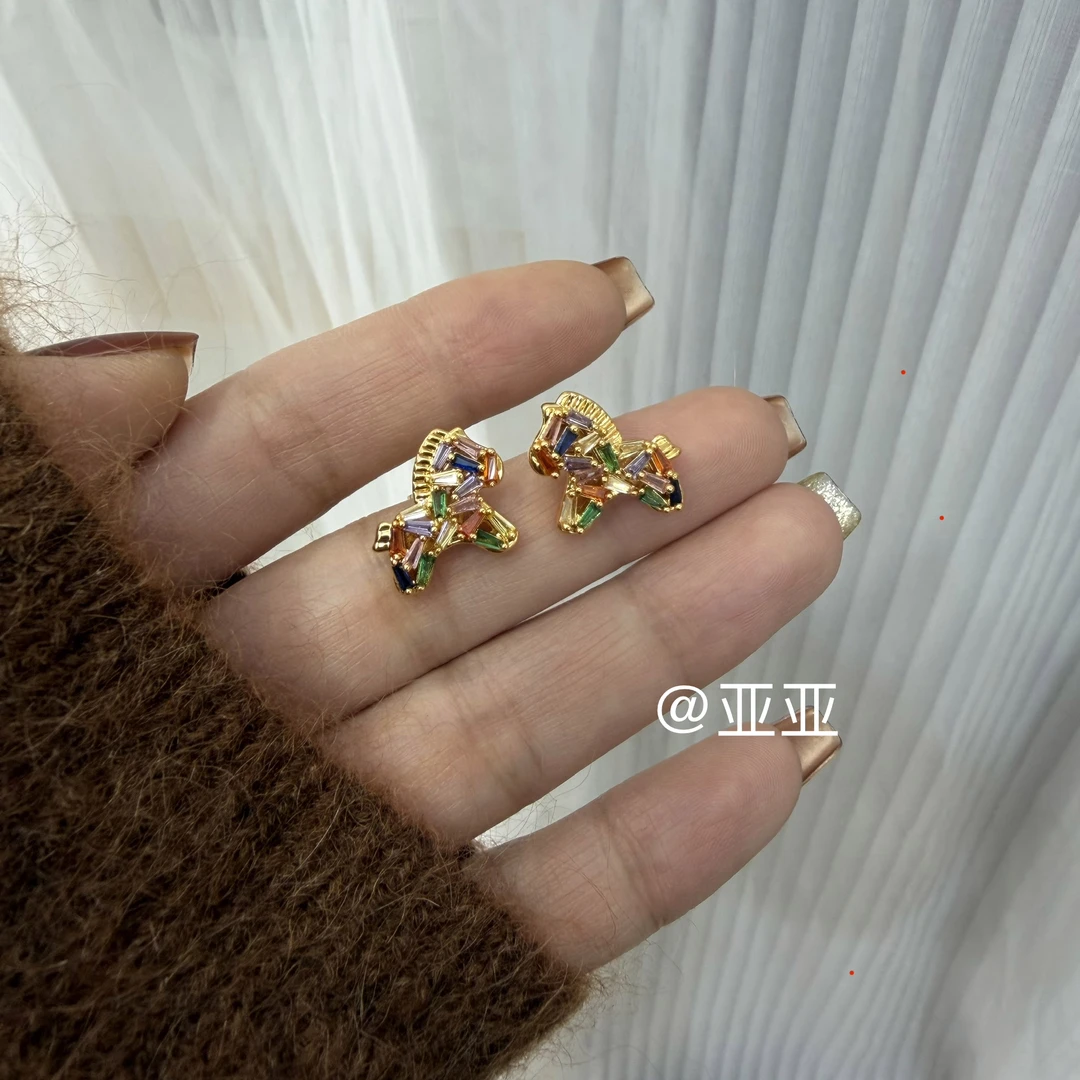 铜合金锆石耳饰 彩色小马多巴胺耳钉