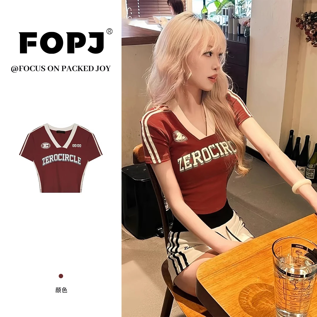 FOPJ夏季新款甜辣妹短袖T恤女运动风修身显瘦字母印花设计感上衣