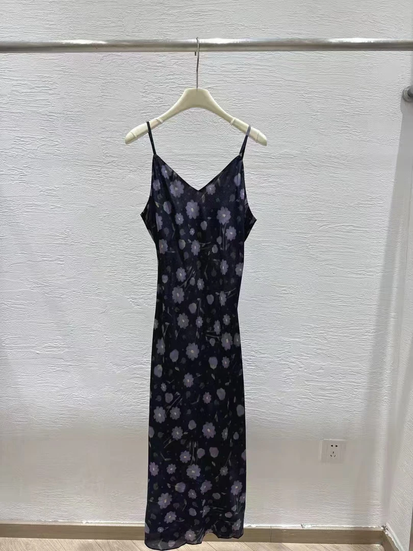 断码福利No退换 真丝印花V领度假风气质吊带连衣裙女