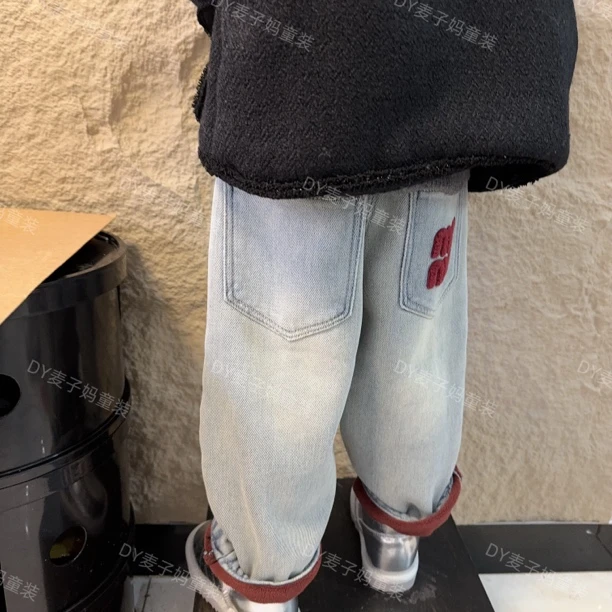 MZ.儿童冬季新款年款加厚软糯浅色刺绣字母休闲牛仔裤1328