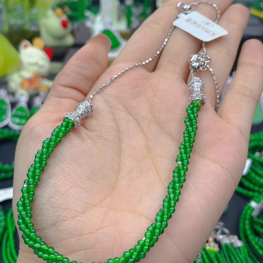 翡翠颈饰银S925镶嵌天然A货翡翠麻花