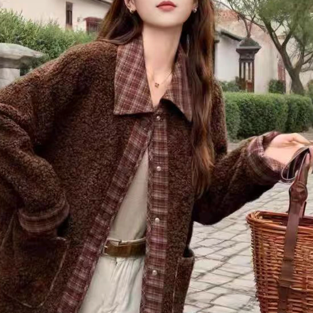 W138春秋时尚翻领格子拼接休闲外套DM7