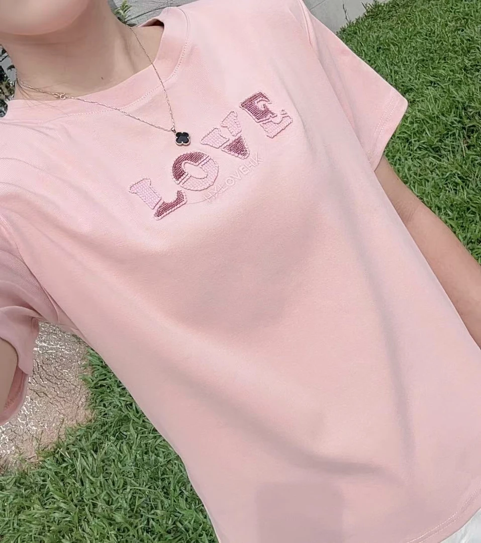 嗨穿字母短袖圆领刺绣亮片甜美休闲风T恤夏季运动t恤白色春夏女士