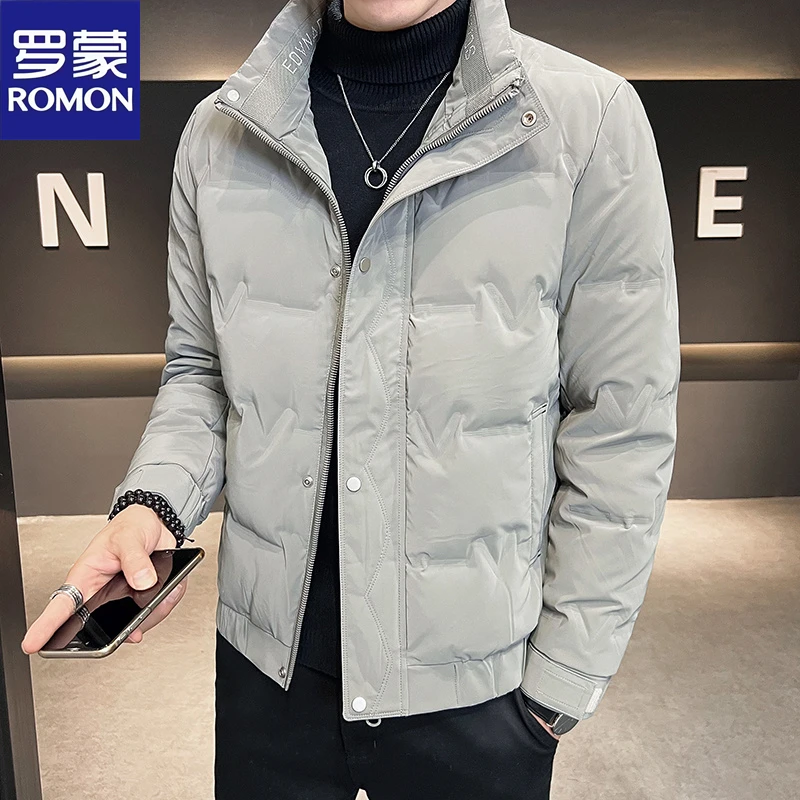 罗蒙新款薄款轻薄羽绒服男士免洗压花加厚保暖休闲精致立领外套袄