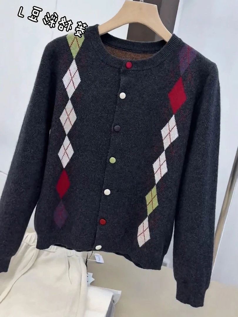 菱格撞色圆领毛衣时尚韩版针织开衫时尚2025秋冬长袖独特上衣休闲
