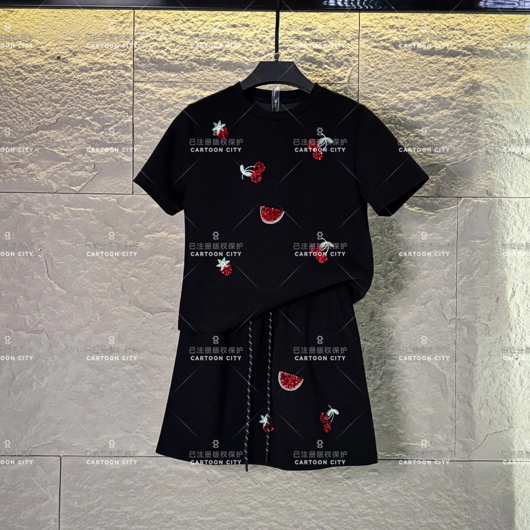 WMA-A222<减龄系列>丨<珠花西瓜草莓>宽松版夏季T恤短裙休闲套装