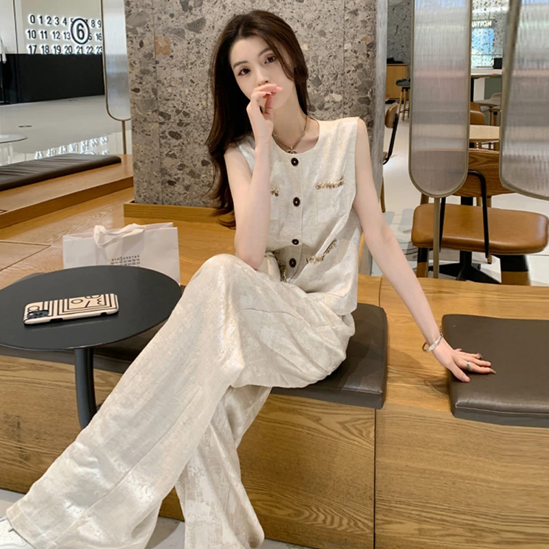 小香风休闲套装女2025年夏季新款洋气休闲无袖上衣阔腿裤两件套潮