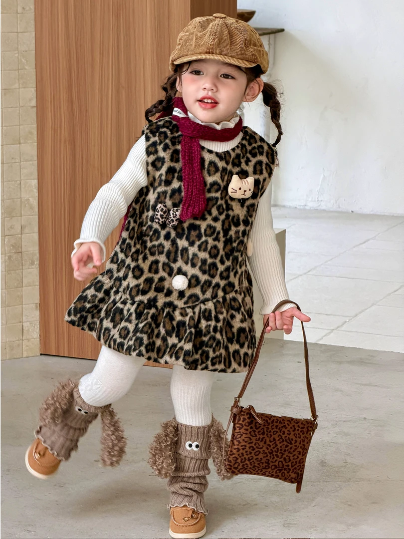 女童连衣裙25秋冬新款韩版儿童加绒豹纹背心裙套装韩版ins