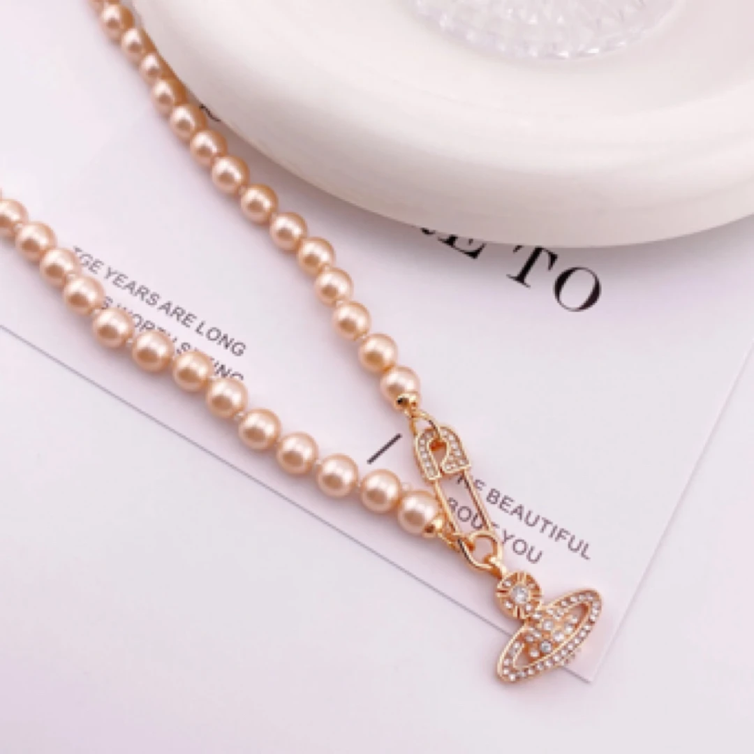 铜合金项链 太后玫瑰粉珠珠项链高级气质百搭