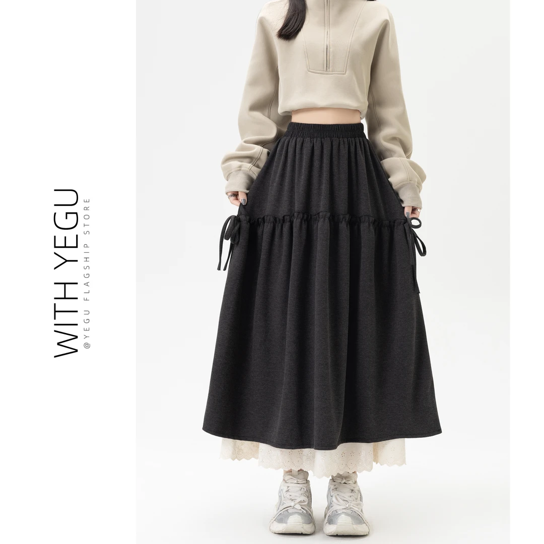 高级感蕾丝拼接半身裙女秋冬季毛呢a字长裙设计感系带高腰大摆裙