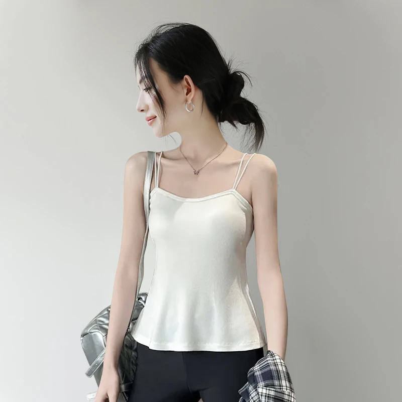 夏季白色无袖背心吊带女双肩带大码下摆宽松鱼尾摆带胸垫新款上衣