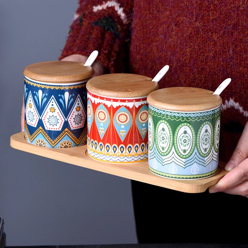 家用盐罐家用盐罐辣椒油泼辣子罐糖酱料竹底托厨房餐桌调料罐盒套