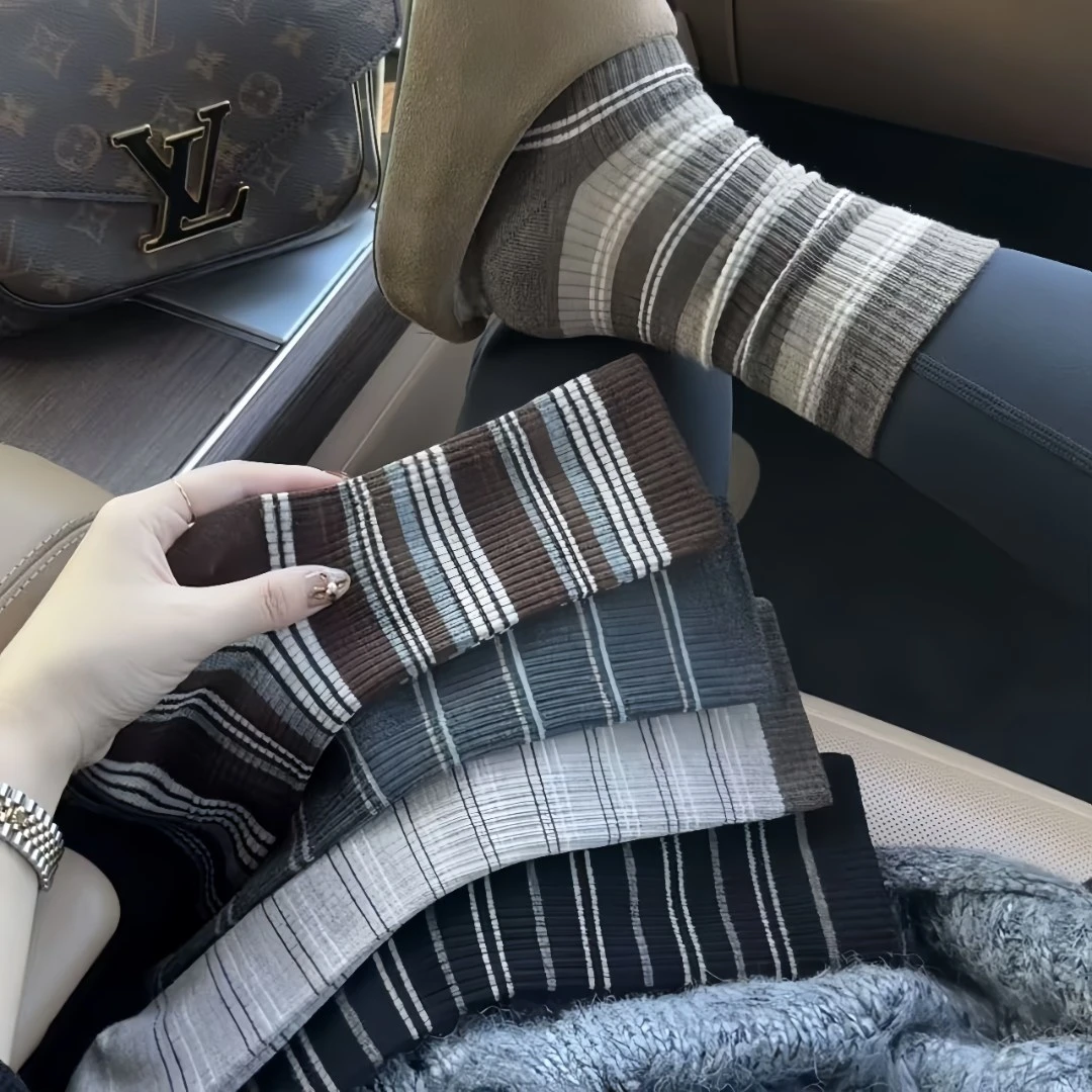 袜子女秋冬新款复古条纹ins百搭潮袜网红袜子女款爆款2025最新款