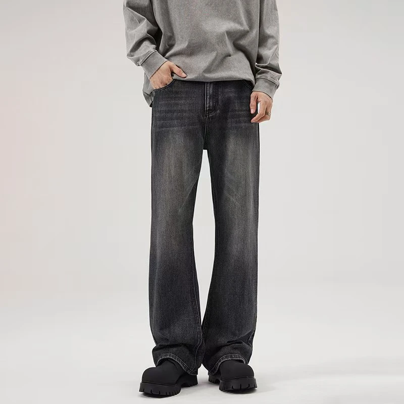 秋冬新款美式baggy复古弯刀微喇牛仔裤男巴家竹节黑牛潮牌