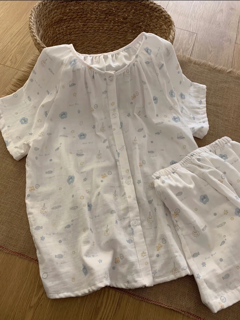 ins甜美可爱圆领2025夏季新款短袖套装舒适宽松卡通小鱼泡睡衣女