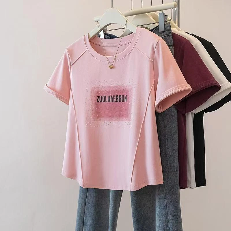 大码女装2025夏季新款时尚休闲舒适宽松烫钻印花纯棉T恤短袖上衣