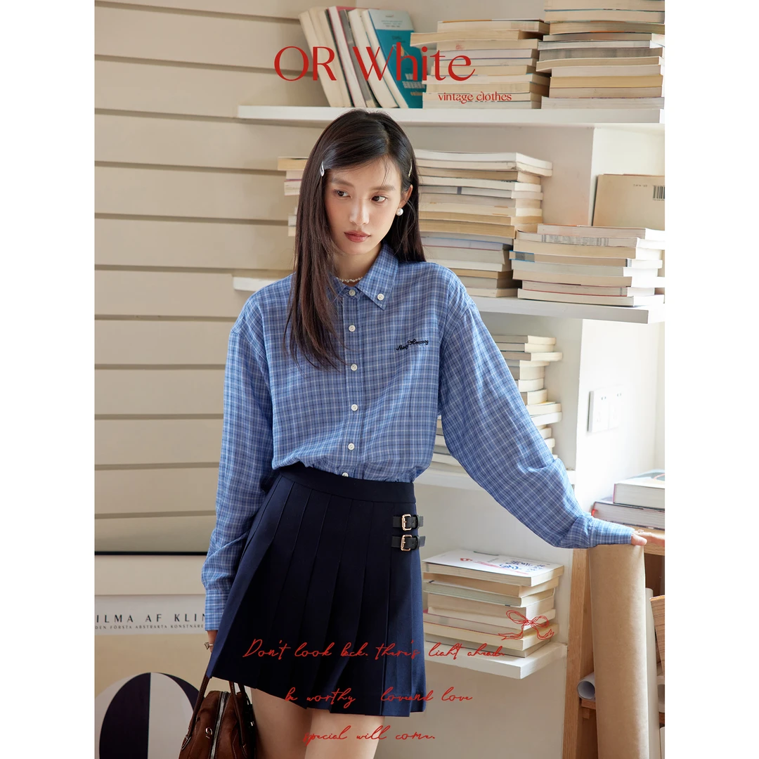 ORWhite 知识分子风复古logo刺绣蓝色格纹衬衫女复古格纹上衣秋季