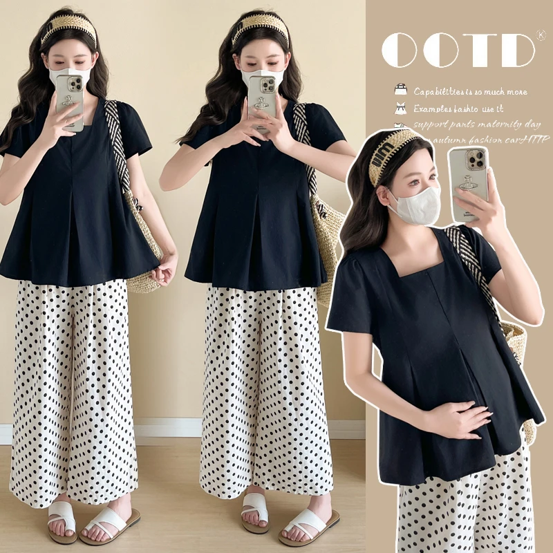 2025夏季新款孕妇韩版时尚显瘦方领娃娃衫气质衬衫孕妇上衣小个子