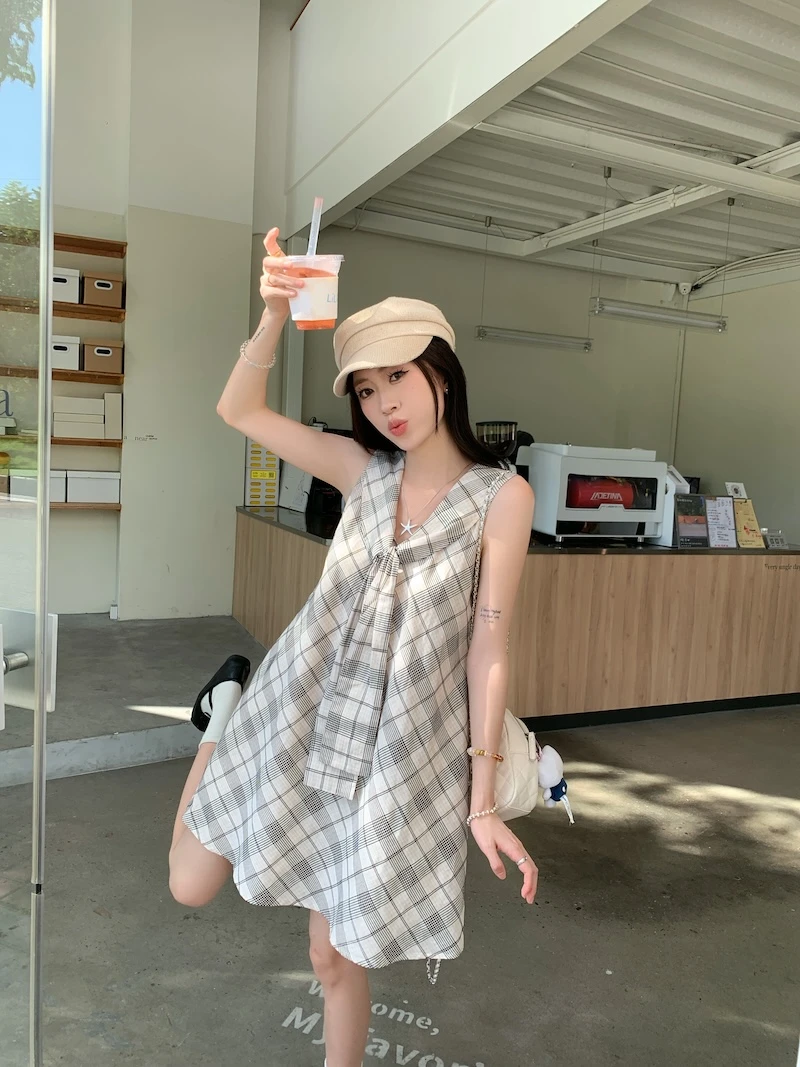 孕妇装韩系海军领连衣裙复古格纹气质吊带裙女夏