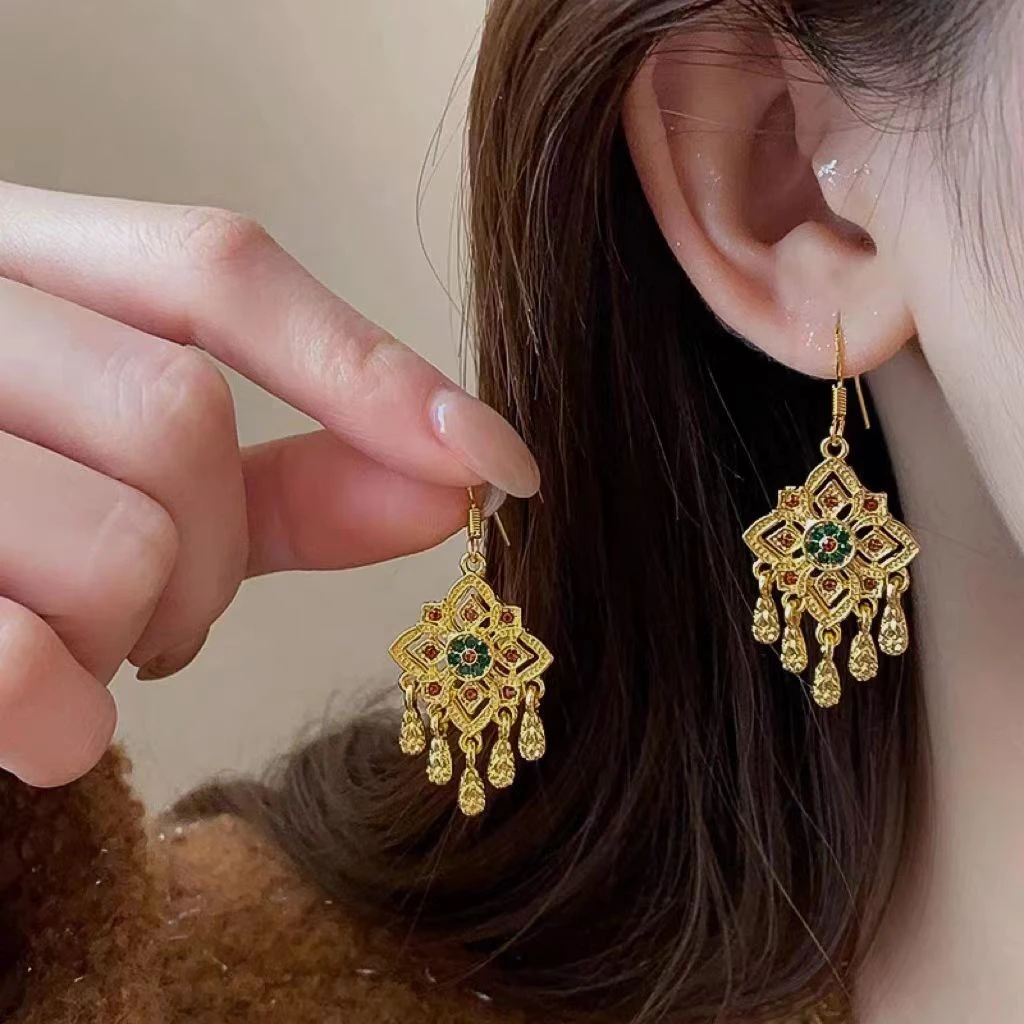 新中式金色菱形流苏耳环女民族风耳坠适合2025过年耳饰品耳钩配饰