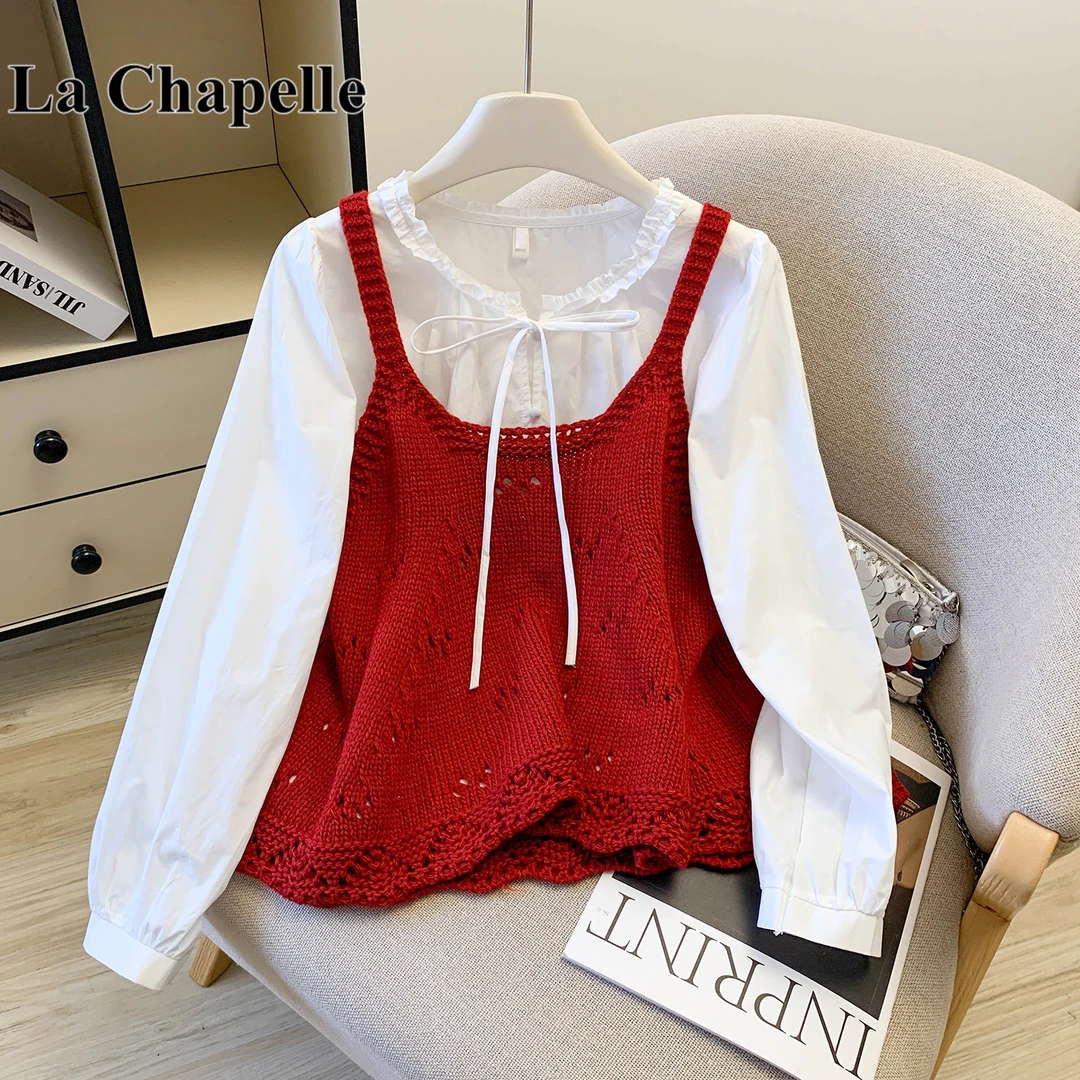 拉夏贝尔红色镂空针织吊带背心女秋季款叠穿百搭设计感两件套上衣