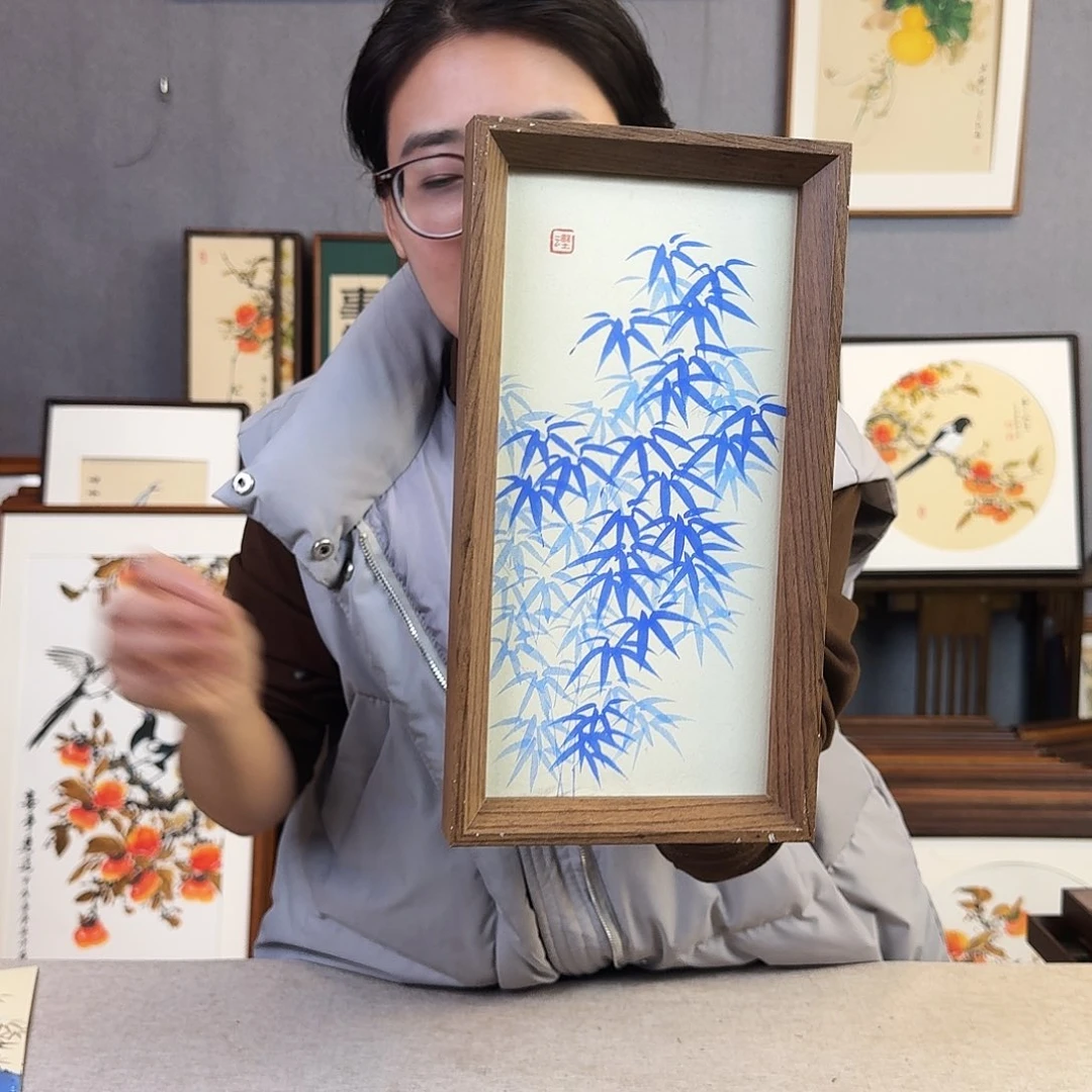 国画纯手绘，纯手写带框尺寸：16×29厘米