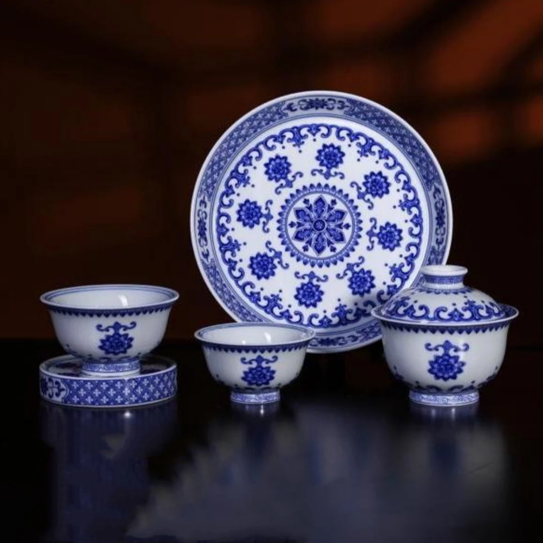 青花宝相纹家用中式五件套景德镇高温陶瓷高档礼品壶承泡茶中式