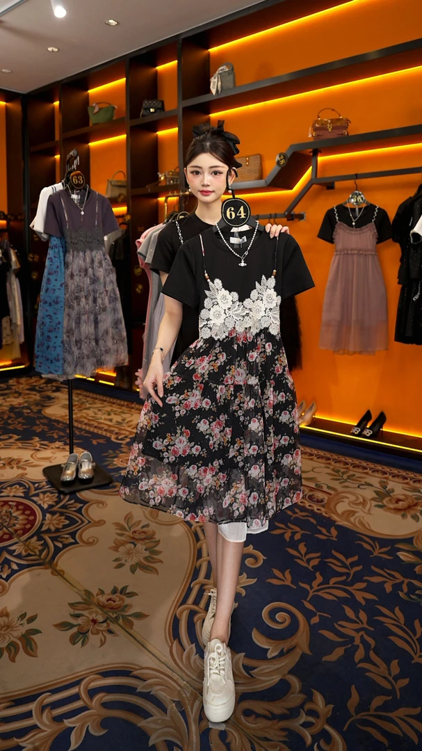 【linda】【64】韩版女夏季新款蕾丝假两件小个子碎花裙JC-A3383