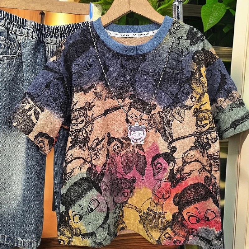 男童2025夏季新款短袖儿童中大童卡通动漫扎染宽松洋气透气T恤潮