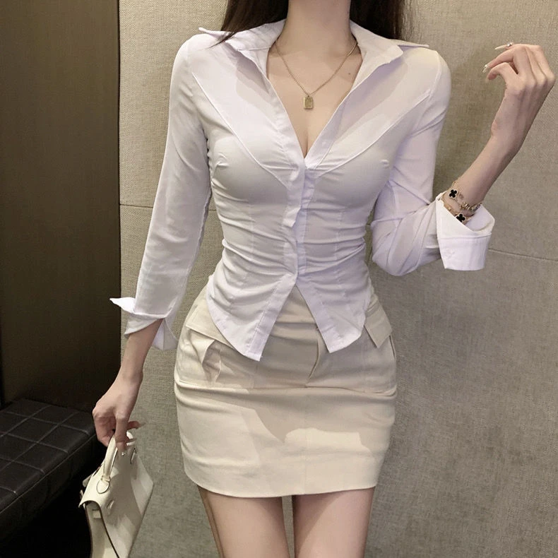 千金清冷感贵系衣服纯欲V领jk收腰衬衣显瘦大码白色衬衫女春秋修